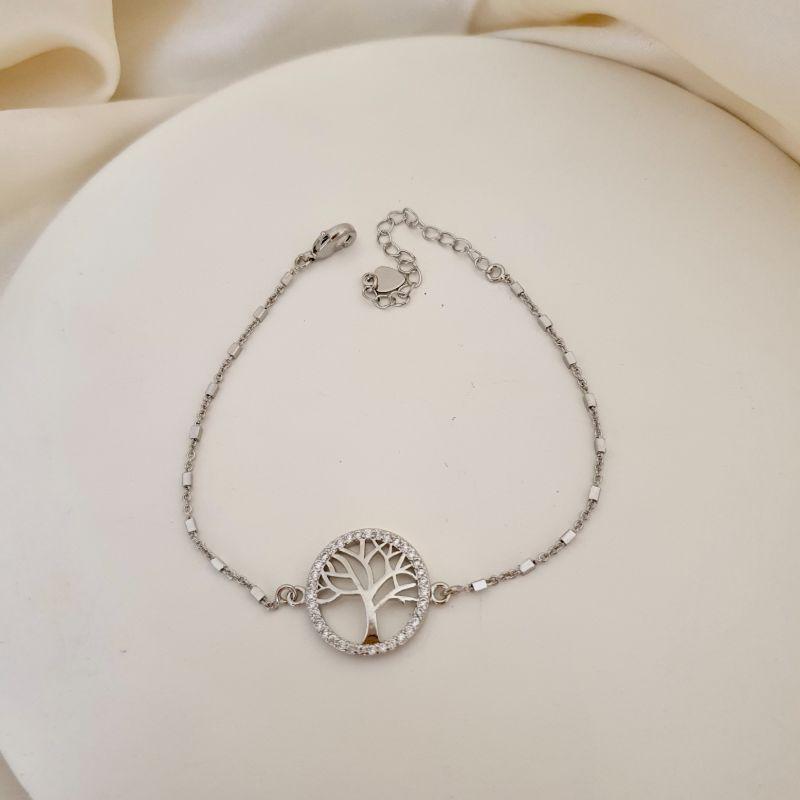 Pulseira ródio arvore da vida contorno cravejado zirconia