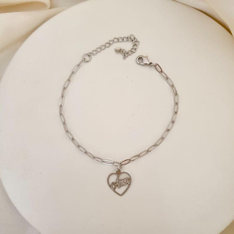 Pulseira ródio pingente coração amor