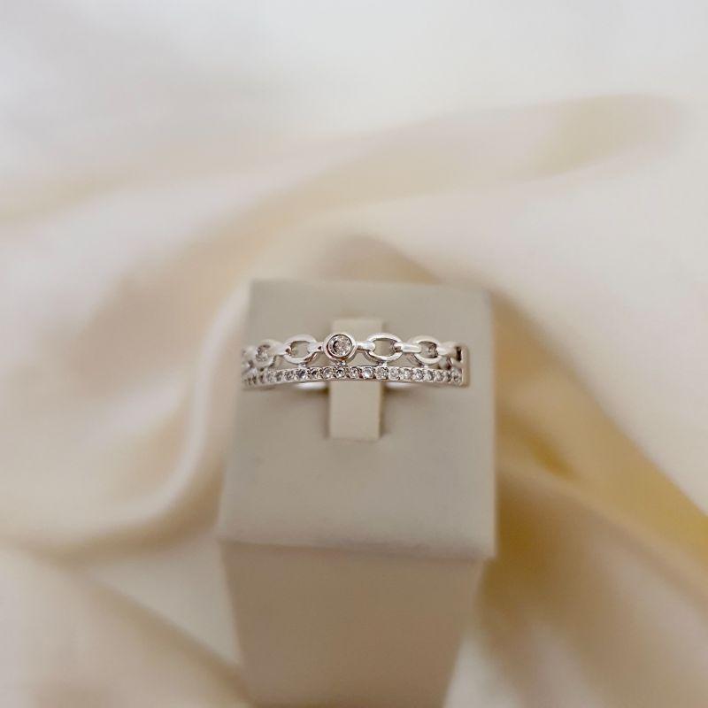 Anel ródio aparador ponto de luz, elo corrente e aro cravejado zirconia