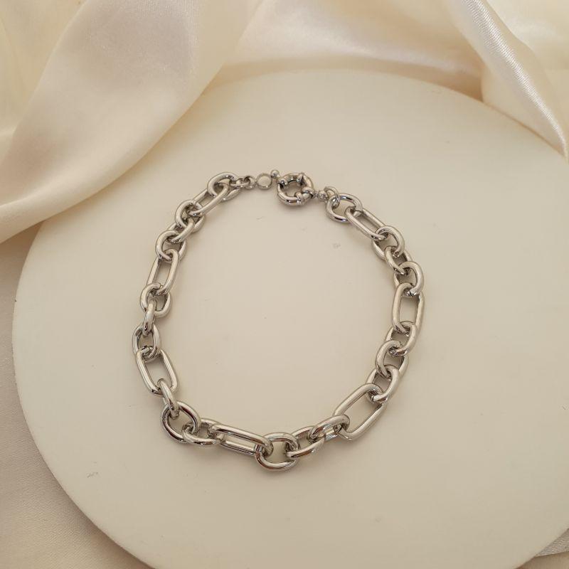 Pulseira ródio elos ovais e fecho boia