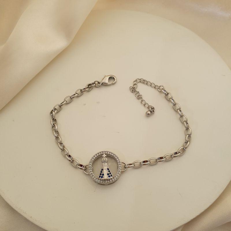 Pulseira ródio Nossa Senhora cravejado zirconia azul e cristal