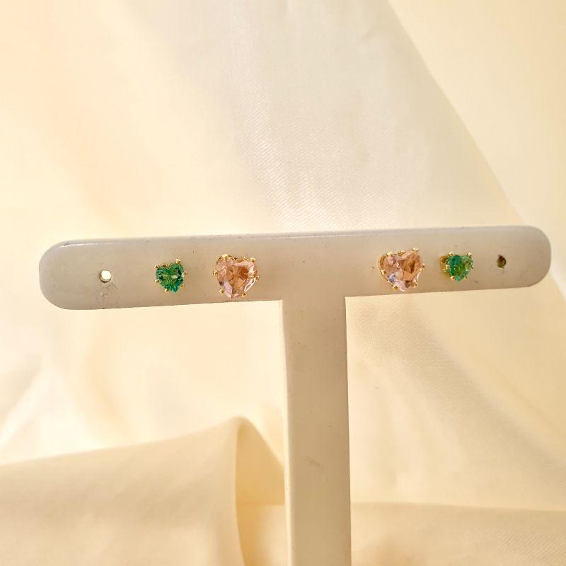 Brinco dupla zirconia coração rosa e verde água