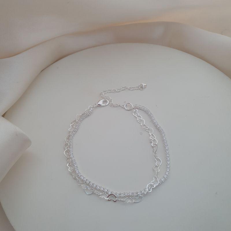 Pulseira prata dupla um elo corações outro riviera de zirconias