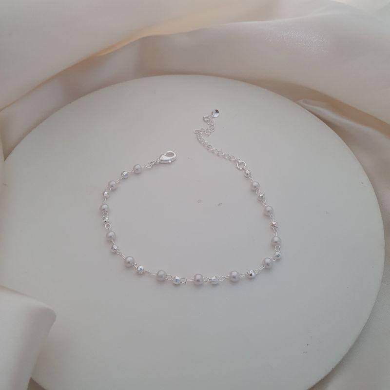 Pulseira prata perola e bolinha diamantada