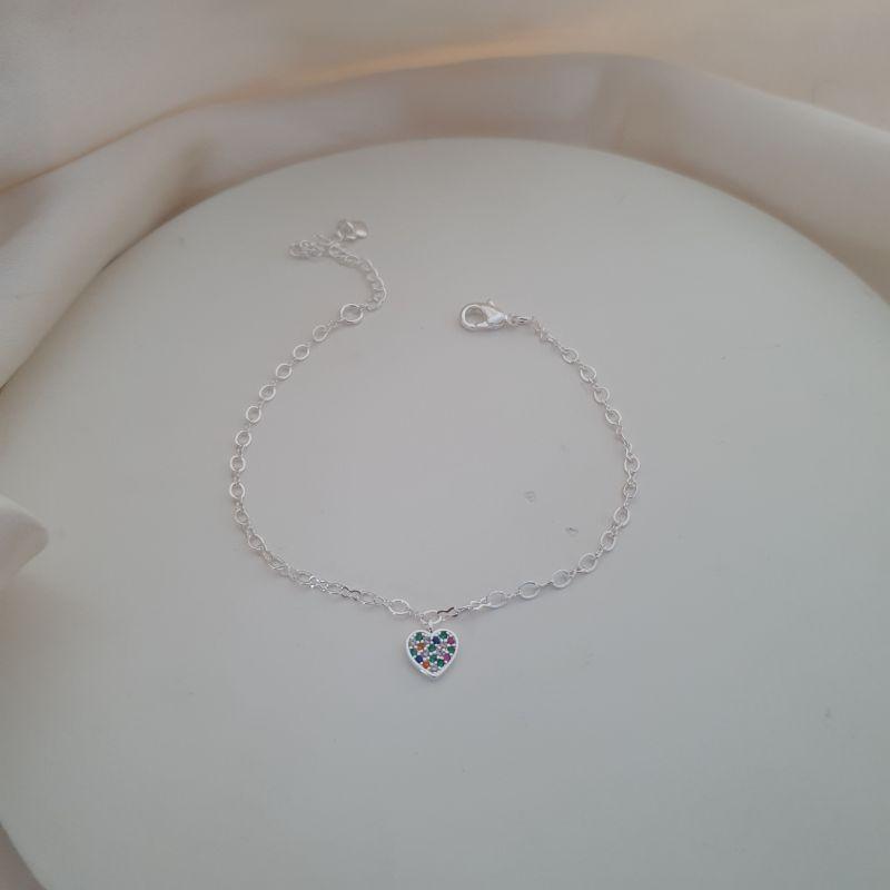 Pulseira prata pingente coracao zirconias coloridas